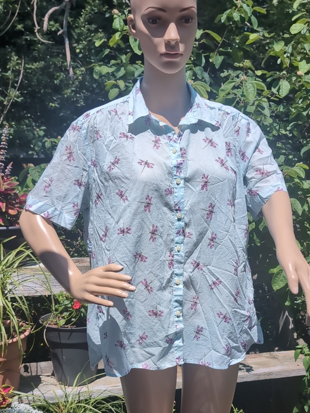 Joe Fresh Light Blue Shirt with Purple Dragonfly Print